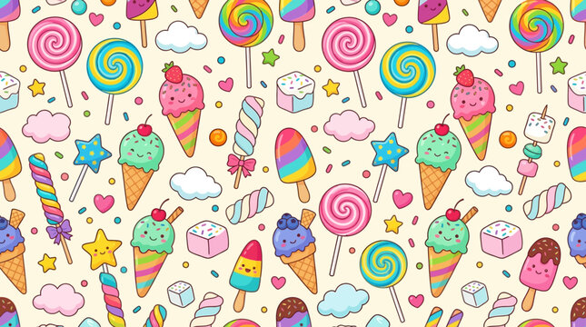 Cute candy seamless pattern, lollipops, ice cream and marshmallows, colorful playful flat vector illustration