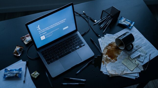 Laptop with blue screen of death on messy desk with spilled coffee and papers.