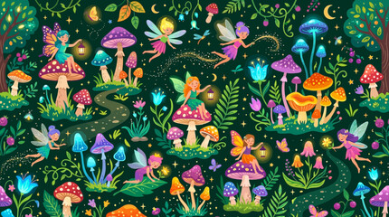 Fototapeta premium Fantasy forest seamless pattern, mushrooms, fairies and glowing plants, colorful whimsical flat vector design