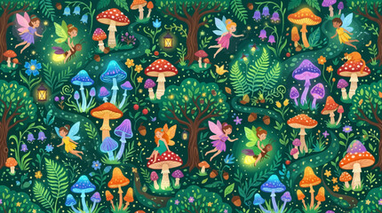 Obraz premium Fantasy forest seamless pattern, mushrooms, fairies and glowing plants, colorful whimsical flat vector design