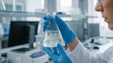 Fototapeta premium Scientist hands holding flask filled with liquid and microplastic particles, environmental research, scientific testing, biotechnology and pollution analysis concept