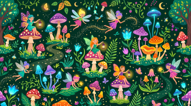 Fantasy forest seamless pattern, mushrooms, fairies and glowing plants, colorful whimsical flat vector design