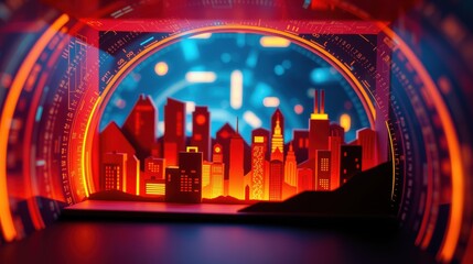 Obraz premium Futuristic cityscape framed within glowing tunnel. Digital elements surround buildings, creating vibrant, immersive scene. Dark background emphasizes bright colors.