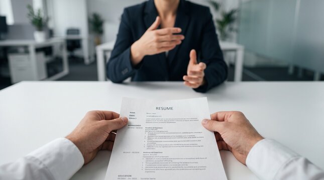 Professional recruiter interviewing male candidate holding resume in modern office.