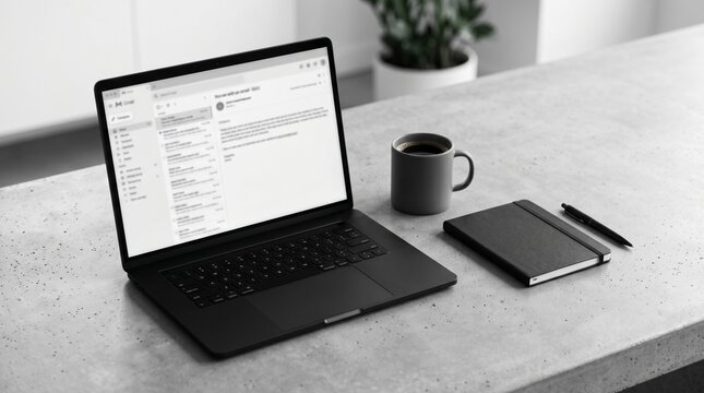 Laptop displaying email on minimalist office desk with coffee and notebook.
