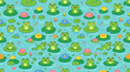 Flat vector cute frog seamless pattern, lily pads and flowers, colorful playful cartoon illustration