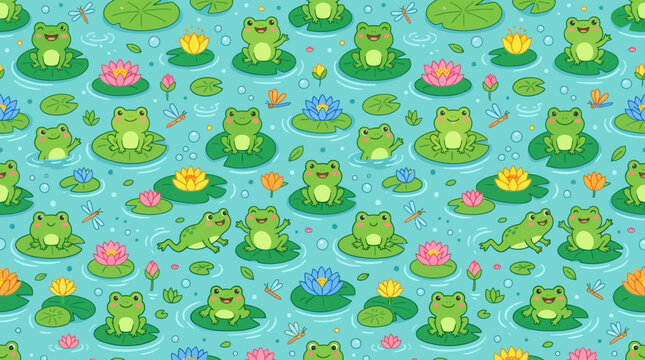 Flat vector cute frog seamless pattern, lily pads and flowers, colorful playful cartoon illustration