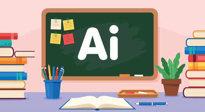 Illustration of classroom setting with chalkboard featuring AI logo surrounded by books and stationery