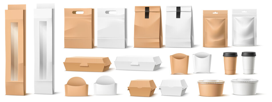 Takeout food packaging. Realistic templates for takeaway fastfood containers made of white and brown paper. Blank bags for burger and potato. Closed craft boxes. Package mockups vector set