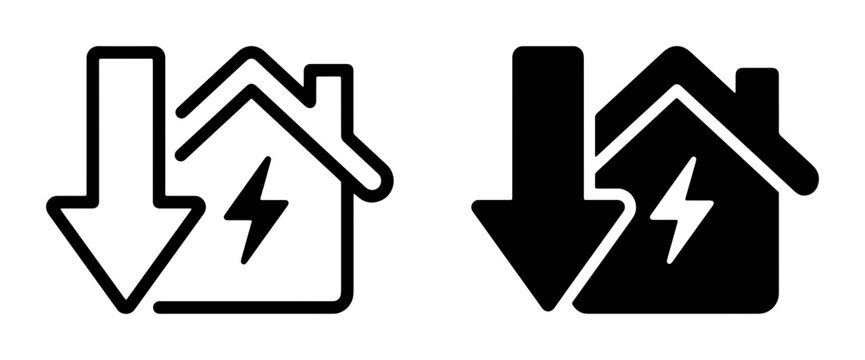 Energy Saving House Icons, Downward Arrow Symbol, Electricity Cost Reduction, Home Efficiency Concept, Vector Graphics