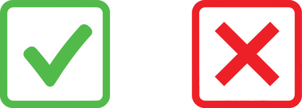 Green check mark and red cross sign icons in rounded square frames for survey and choice Vector