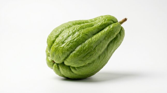A single green chayote squash displaying a deeply ridged and pear-shaped silhouette on a white surface