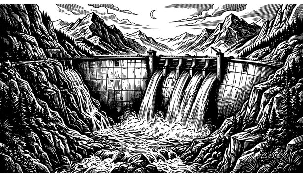 Graphic etched waterfall dam and mountain landscape in monochrome vector style