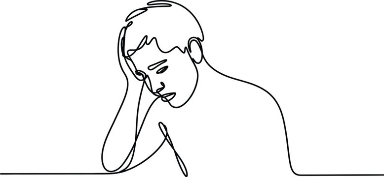 Young boy looking down with hand on head, sadness and contemplation vector illustration