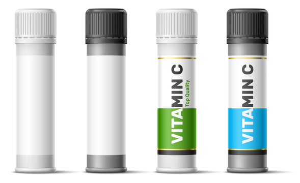 Realistic plastic packaging for effervescent water-soluble tablets. Packaging for multivitamin pills. Bottle label design template. 3D meds flacon. Vector pharmaceutical dispensers set