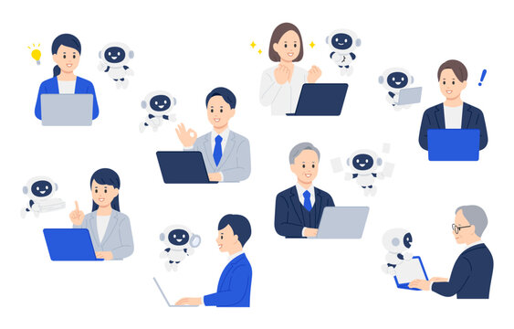 AI･チャットボットで業務を効率化するビジネスパーソンのセット【人物ベクターイラスト素材】