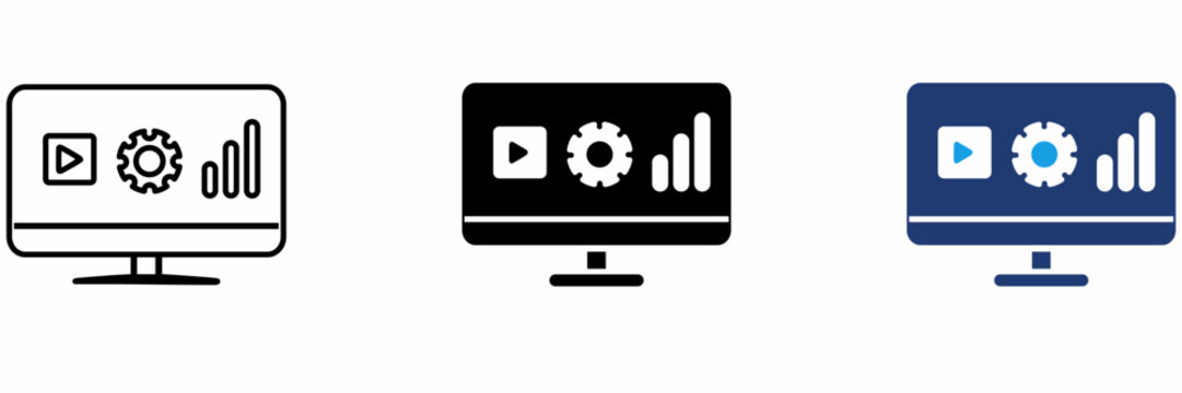 Computer Monitor with Gear and Media Player Icon Set.