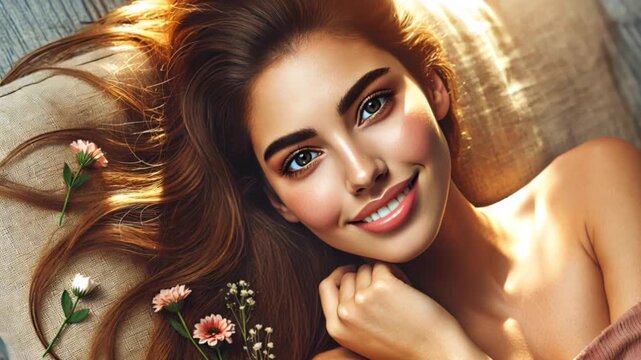 Smiling young woman beauty portrait with hair spread out