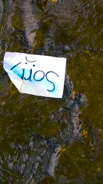 Apology Letter with the Word Sorry Floating Away on a River, Symbolizing Letting Go and Forgiveness