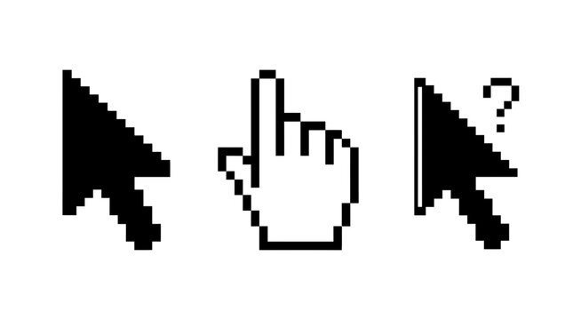 Cursor, pointer, and help icons, pixel art style, computer mouse symbols, navigation graphics