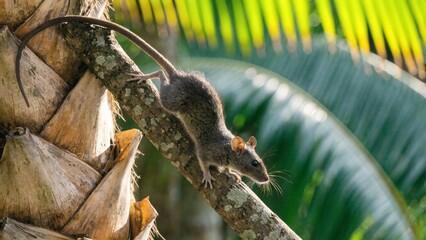 Fototapeta premium Palm rat climbing a tropical palm tree in its natural arboreal habitat