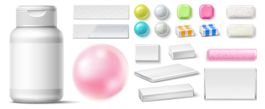 Realistic chewing gum. Various types of bubblegum. Freshener pads. Menthol candy plates, balls and sticks. Packaging options. Blank jar and wrapper mockup. Chewy pillows vector set