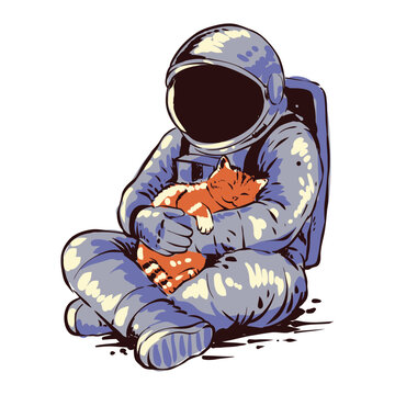 Astronaut holding sleeping cat vector handdrawn illustration