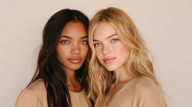 A blonde and a brunette with different skin tones smiling together. Concept of breaking beauty stereotypes, global marketing, and ethnic representation.