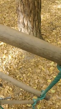 Person POV climbing on tree with rope ladder in adventure park
