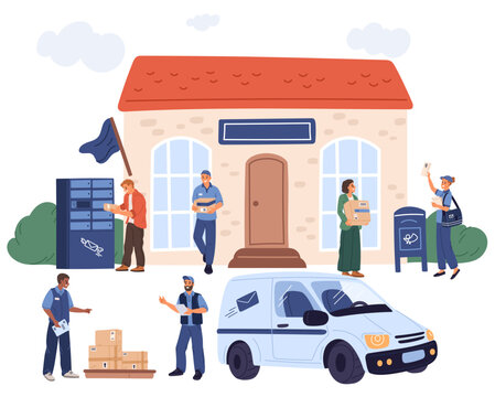 Post office operations. Sending letters and parcel boxes. People receiving goods by mail. Delivery service. Mailman work. Correspondence shipment. Courier in uniform. Vector scenes set