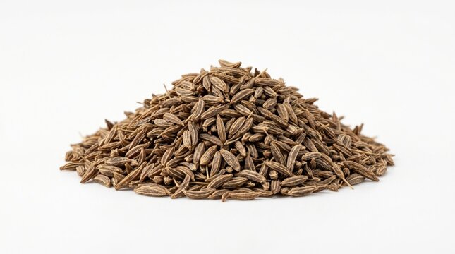 Conical heap of dried cumin seeds featuring characteristic tapered shapes and warm umber tones against a neutral backdrop