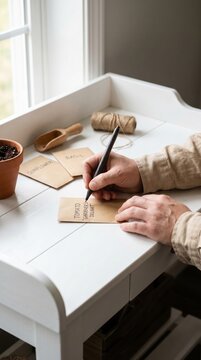 Hands writing tomato gardener's delight on a brown paper seed packet. This scene captures the preparation for spring planting and sustainable living. Ideal for gardening blogs or home decor.