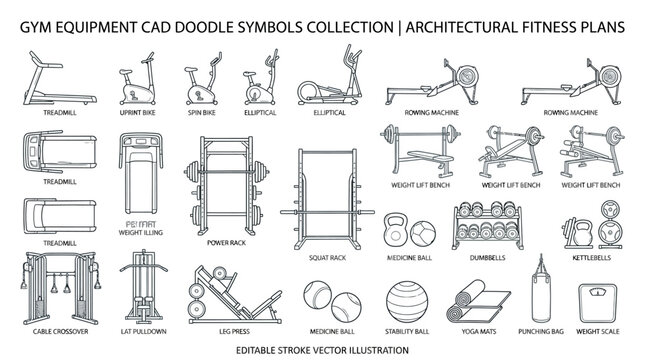 Gym equipment cad doodle symbols collection.