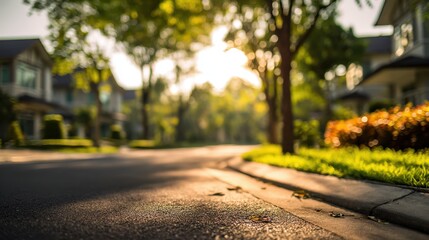 Fototapeta premium Blurred suburban street scene with houses, lush green lawn, and trees bathed in warm sunlight, creating a peaceful residential atmosphere