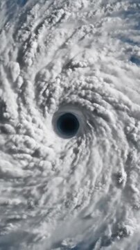 Satellite view of hurricane eye spiraling over deep blue ocean, dense towering clouds, tight vortex, shadowed calm center, swirling rainbands and dramatic lighting conveying extreme weather power