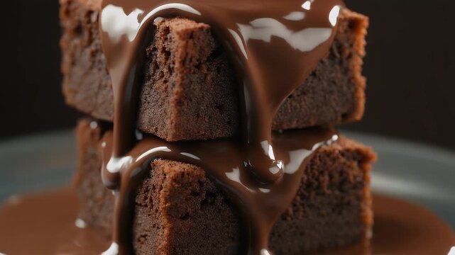 Delicious chocolate brownies stacked high and drizzled with rich, melted chocolate sauce, a perfect dessert treat
