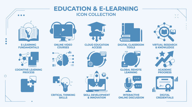 Education and e-learning icon collection digital classroom tools academic progress online discussion.