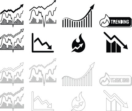 Black financial growth and decline icon set vector for business analytics, profit loss chart, market trends, economic performance, investment strategy and corporate finance illustration