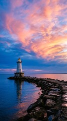 Obraz premium Lighthouse on rocky pier under dramatic pink sunset sky near calm sea.