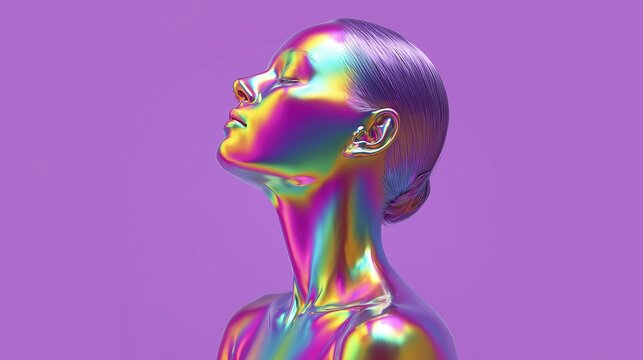 Portrait of a female model with a metallic iridescent texture on her skin and closed eyes. Concept of cyberpunk, artificial intelligence, and digital future.