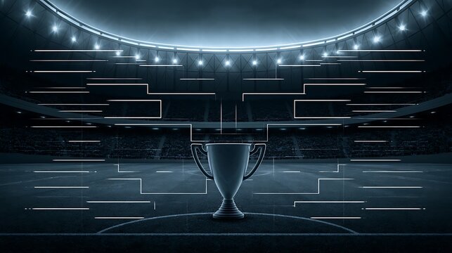 Tournament bracket template with championship trophy on a stadium field background