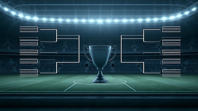 Tournament bracket with trophy on soccer stadium background