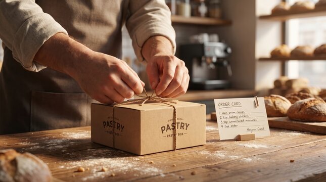 A baker's hands tie a string around a brown pastry box on a wooden counter. Warm, artisanal atmosphere of a local shop. Perfect for food business and packaging marketing.