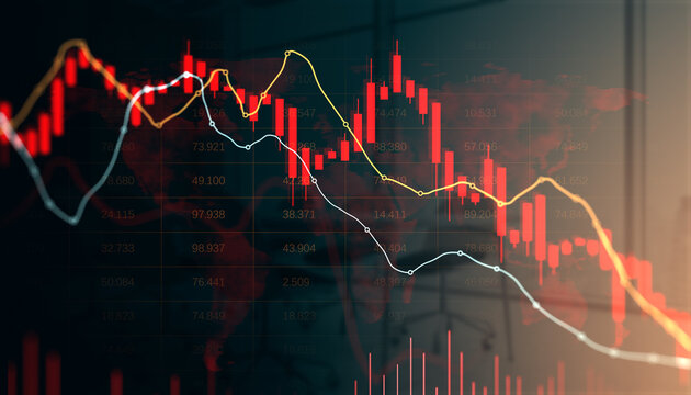 Stock market crisis with falling red candles and downward trend lines on dark financial backdrop illustrating global economic collapse. 3D Rendering