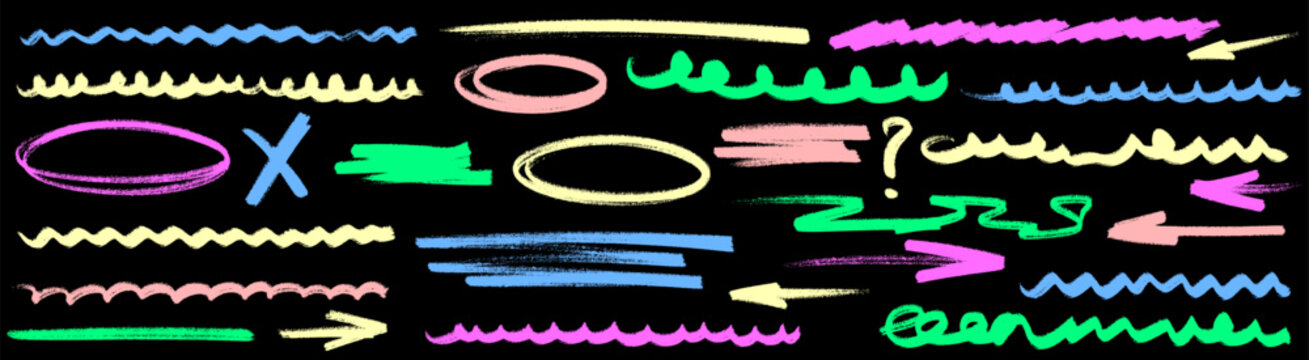 Playful underline in chalk effect with arrow symbols, brush paint flow and crayon scribble texture, rough hand drawn lines with lively handdrawn character. Underline, chalk, arrow twice.
