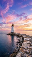 Obraz premium Stunning sunset sky over historic stone lighthouse at rocky ocean breakway.