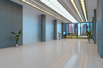 Naklejka premium Spacious modern interior hall with wide windows showcasing cityscape, bright contemporary corridor space with polished flooring and minimalist design. 3D Rendering