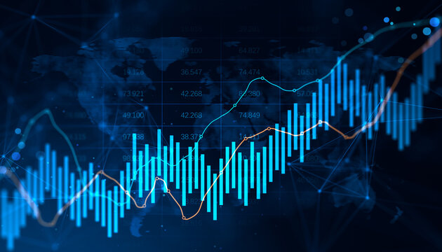 Dynamic financial market chart with glowing blue bars, rising currency lines, and global data backdrop showing digital growth analysis trends worldwide. 3D Rendering