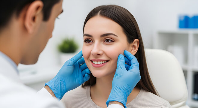 Professional doctor with blue gloves examining a beautiful smiling female patient face before cosmetic surgery