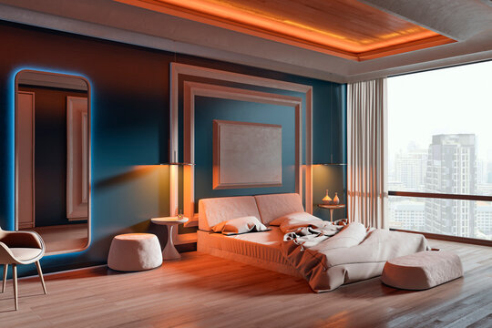 Modern bedroom interior with warm lighting, contemporary design elements, large window city view, stylish furnishings and creative room ambiance. 3D Rendering